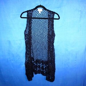 Dressbarn Crochet Vest Navy Small Bohemian Sleeveless Cardigan